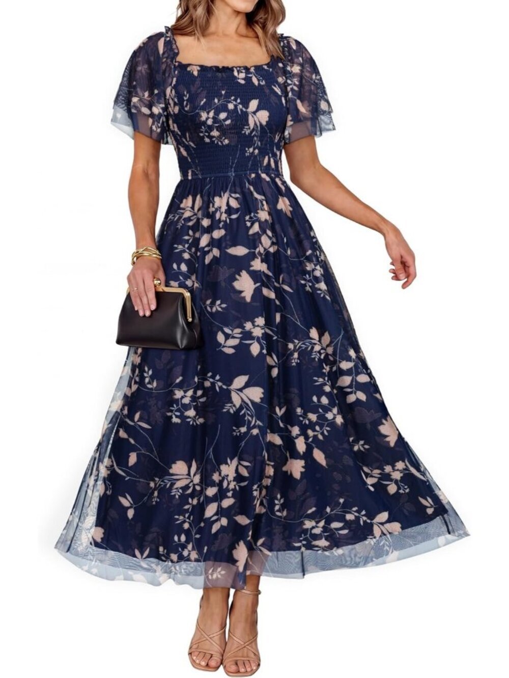 Women's Floral Leaf Navy Blue Stylish Square Neck Mesh Smocked Boho Maxi Dress